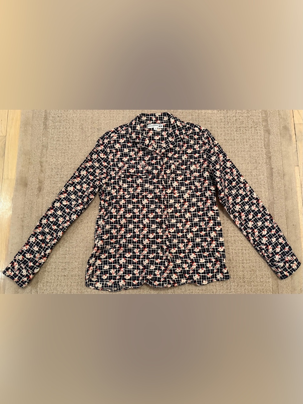 Ines de La Fressange x Uniqlo Floral Grid Button Front Shirt top LS Medium M